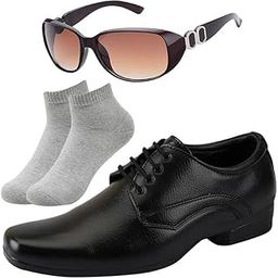 l Men Black Lace Formal Shoes with Light Gray Socks & Women Black Gaga Brown-image-89