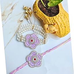 Designer Pearl Rakhi Combo Set for Bhaiya Bhabhi with Floral Beaded Design-image-77
