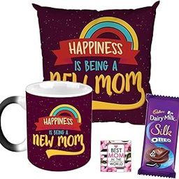 TheYaYaCafe Happiness is Being A New Mom Mother's Day Chocolate Gifts Combo Mug, Cushion Cover, 1 Cadbury Dairy Milk Silk Chocolates (60 gm), with Coaster-image-41