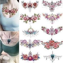 MAYCREATE® 10 Sheet Floral Tattoo Sticker Large Temporary Tattoo for Women, Rose Flower Haif Arm Band Tattoo, Waterproof Enchanting Body Art Tattoo Stickers for Neck, Waist, Back-17