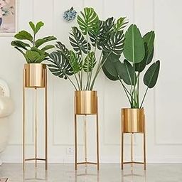 A.M.METAL WORKS Modern Metal Floor Flower Stands Planter for Living Room Bedroom Display Plant Stand Tall Indoor Plant Stand with Planter Pot -Set of 3 gold-image-29