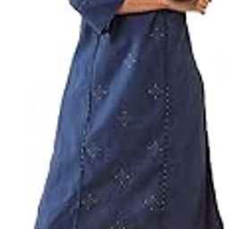 Women Cotton Indigo Desert Embroidery Round Neck Slit Regular Fit Kurta-image-40
