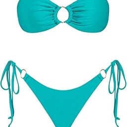 F&M Fashion Women's Triangle Bikini Sets Bandeau O Ring Strapless Side Tie Thong Swimsuit Two Piece Bathing Suit-image-3