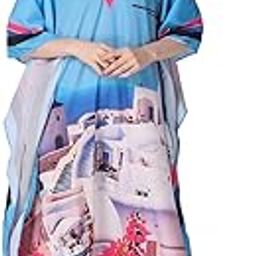 Abstract Symbolic Printed Crepe Maxi Length Kaftan Dress for Women Multicolor Freesize-41