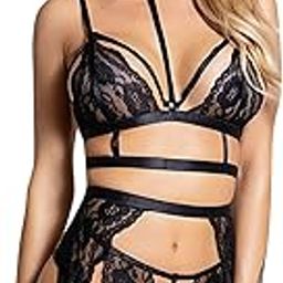 Women Sexy Lace Floral Two-Piece Lingerie Set Halter V-Neck Sleeveless Bra Top/Garter/Thong Set Lingerie Sleepwear for Woman-image-96