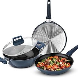 Bergner Titan Forged Aluminium 4 Pcs Cookware Set - 24cm (2.5L) Kadai with Glass Lid, 24cm (1.6L) Frypan, 28cm Dosa Tawa, Healthy Ceramic Coating, Rivetless Handle - Induction Bottom-16
