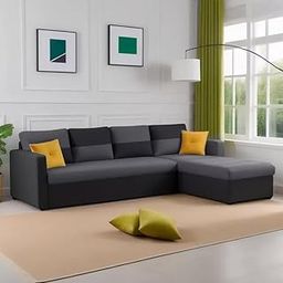 FURNY Arno 5 Seater Fabric RHS L Shape Sofa Set (Dark Grey-Black)-image-70