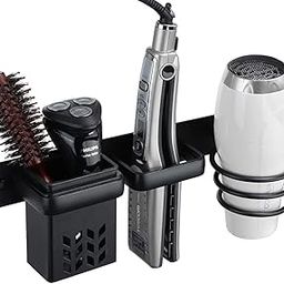 HASTHIP® 3 in 1 Hair Dryer Stand for Wall, Mounted Rack, Blow Dryer Holder & Styling Care Tool Organizer - Storage Basket With Plug Hook, Black-image-0