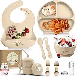 o'doe 11-Piece BPA-Free Silicone Solid Baby Feeding Set | Thick & Soft Suction Plates, Baby Food Bowl, Wooden Fork & Spoon, And More | Make Mealtime Fun And Easy For Your Little One | Beige V1-11