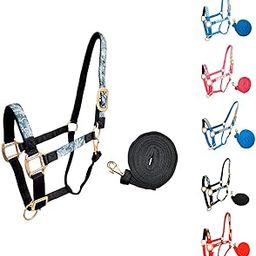 Tahoe Tack Patterned Nylon Adjustable Horse Halters with Padded Noseband and Matching 10’ Soft Grip Lead Rope… (Full/Average, Paisley and Charcoal)-image-38