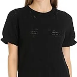 icw Women's Ribbed Knitted Short-Sleeve Crew Neck Holo Out Self Design Crop Top T-Shirt Dn15063 (in, Alpha, M, Regular, Black)-picture-8