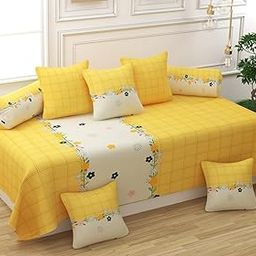 MANIQATEX Diwan Set Covers Cotton 8 Pieces Pure Cotton Designer Printed Standard Diwan Set (1 Single Bedsheet, 2 Bolster Covers, 5 Cushion Covers (Yellow-Cream)-30