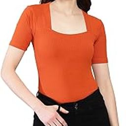 Women's & Girl's Solid Knitted Square Neck Regular Fit T-Shirts Short Sleeve Tops (T-Shirt 106)-image-12