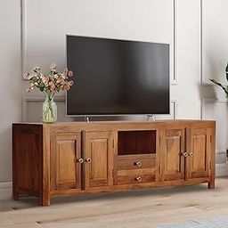 Factory Hub Sheesham Wood TV Unit with 2 Cabinet 2 Drawer & Shelf Storage TV Stand Floor Standing Entertainment Cabinet for Living Room Hall Home Decor (Brown 2)-picture-15