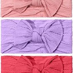 SYGA Pack of 3Baby Headbands Soft Nylon Bow Hairbands Strechable for Newborns, Infants, Toddlers and Kids 0-3 Years(Pink-Purple-Red)-image-20