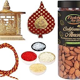 Diwali Bhai Dooj Gifts: Lakshmi Ganesh Temple with TTB Almond Jar 250gms, Roli, Moli, Chandan, Chawal, Misri, Optional Personal Message-image-31