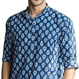 Jaipur Print Cotton Short Kurta for Men, Indigo Blue Color with Floral Print. (S,M,L,XL,XXL,3XL, 4XL, 5XL, 6XL, 7XL, 8XL,9XL,10XL)-image-67