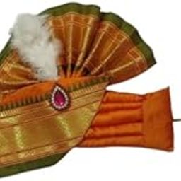 Traditional Ganpati Feta Mukut, Decorative Wedding Turban with Crystal Stone and White Feather, Gold Brocade Pattern,-image-0