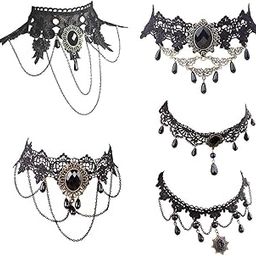 Halloween Elegant Sexy Women Lady Retro Gothic Punk Style Necklace Black Lace Neck Chain Collar Statement Choker Victorian Steampunk Jewelry Party Wedding Princess,5 Pieces/Set, Lace, No-image-82