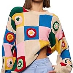 Dahlia Women and Girls Long Sleeves Round Neck Multicolor Color Blocked Acrylic Oversized Sweaters-image-49