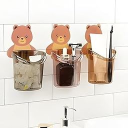 JIALTO Toothbrush Holder, Plastic Brush Holder 3 Pcs Set, Self Adhesive Toothbrush Holder for Bathroom Wall, Tooth Brush Stand Storage Toothbrush, Toothpaste, Teddy Bear Shaped (Multicolor)-image-65