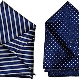 Men’s Satin Pocket Square Set – Navy Blue with White Stripes & Navy Blue with White Polka Dots – Elegant Suit Handkerchief-image-84