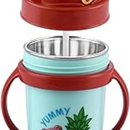 Zerya Hot & Cold Insulated Stainless Steel Double Walled 360ml BPA-Free Sippy Cup Anti-Spill Soft Silicone Spout Baby Sipper Water Bottle with Straw and Side Handle for Kids (Gravity - Blue)-29