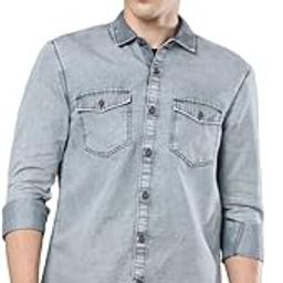 Street King Men Light Grey Denim Double Pocket Casual Shirts XL - Size-image-66