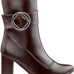 Women's 3.2 Inch High Heel Casual Buckle Formal and Classic High Ankle Zipper Boot.-image-94