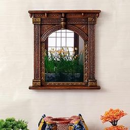 Wooden MDF Handcarved Wall Hanging Decorative Mirror Frame | Copper Color Showpiece for Living Room & Home Decor | Size: L16 x B3 x H17 Inches | Mirror Size: L9 x H12 Inches-image-10