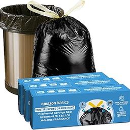 Amazon Basics Multipurpose Drawstring Garbage Bags | Medium | 120 Bags | 30 Bags x Pack of 4 | Heavy Duty Garbage Bag | Jasmine Fragrant Garbage Bag | Odour Control | No Tear Removal-1