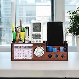 Gift Kya De GKD Desk Organizer with 2025 Calendar, Clock, and 4 Compartments - Elegant Wooden Table Organizer for Office and Home Use, Stationery, Brown-picture-21