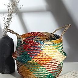 Habere India-All The Cultures Fabricating India Wicker Basket For Plants|Wicker & Seagrass Basket Home Décor|Wicker/Bamboo Basket ((S)-Belly Basket Multi)-Cylindrical-image-52