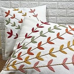 Indihomecraft Handicraft Cotton Cushion Cover - Hand Stitched Embroidery Decorative Art Boho Pillow Flower Leaf Hand Made Pillow Cover | Hand Stitch Square Shape 18X18 Inches Cushion Cover, Set of 2-6