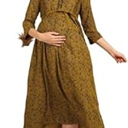 Floral Print Maternity Dress, 3/4 Sleeve, Mustard Yellow with Belt (in, Alpha, M, MUSTERD)-image-21
