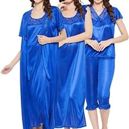 Women's Satin 4 Pcs Nightwear in Blue-image-51