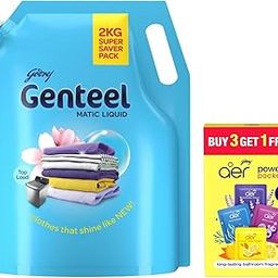 Godrej aer Power Pocket | Bathroom Freshener Assorted Pack Of 4 (40G) + Genteel Matic Liquid Detergent Refill Pouch for Top load Washing - 2kg-11