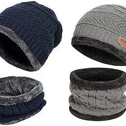 2 Pairs Men's & Women's Snow Proof,Inside Fur, Warm Woolen Cap with Neck Muffler/Neck Warmer/Scarf for Winters - Free Size (Blue and Grey)(Unisex Beanie Cap with Neck Warmer Set)-picture-45