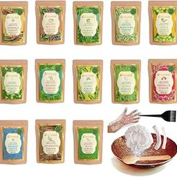Amla, Reetha, Shikakai, Bhringraj Hibiscus, Methi, Henna, Indigo, Neem, Brahmi, Curry Leaves, Jatamansi, Aloevera Powder with IRON BOWL, Double Filtered Powders (Combo pack of 13)-0