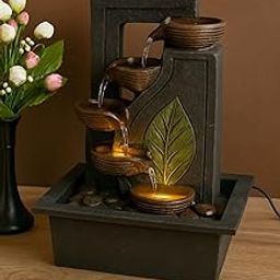 Mahganya Polyresin Table Top Leafe Color Indoor Waterfall Fountain for Home Decor with LED Lights & Water Flow Controller Pump (Size: 38 x 29.5 x 22CM)-image-83