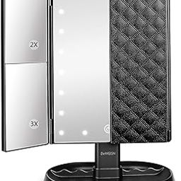 DeWEISN Trifold Lighted Vanity Makeup Mirror with 21 LEDs Lights,1x/2x/3x Magnification & Touch Screen Dimming,Two Power Supplies Mirror, Gift for Women, Rectangular, Tabletop Mount, Black, Framed-38