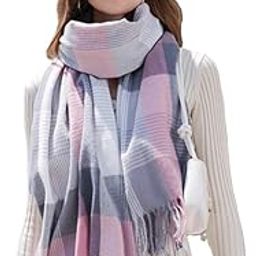 Winter Warm Long Stoles Shawls Long Big Checked Scarves Woolen Women Casual Scarf Soft Wrap for Casual Formal Occassions 200CM*70CM (Pink Big Check)-image-40