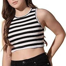 Striped Ribbed Crop Tank Top, Sleeveless Mock Neck, Slim Fit-picture-53