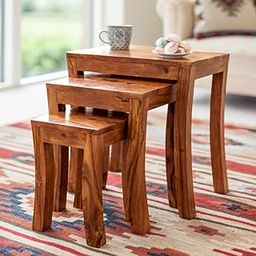 GP CRAFT Solid Sheesham Wood Nesting Table Set | Wooden Stools, Bed, Sofa Side Table, Coffee & Beverages Table for Home, Office, Bed & Living Room - Honey Finish (Set of 3)-14
