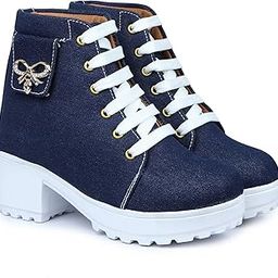 Women's Denim Heel Boots with Bow Buckle - Stylish Lace-Up Canvas Boots for Casual Elegance-picture-23