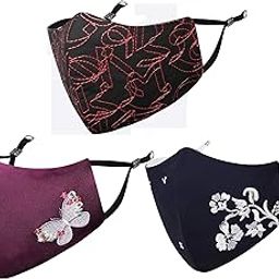 By Q-One Butterfly 4 Layer, Reusable, with Ear Adjusters, Anti-Bacterial (BFE>99%) Embroidered Cotton Cloth Face Mask Combo for Women, Girls (Black-Navy-Wine, Pack of 3)-picture-21