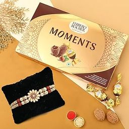 Rakhi Gift for Brother with Chocolates Gift Combo - Premium Pearl Rakhi with Chocolates and Roli Chawal Tika - Rakhi for Brother - Rakhi with Ferrero Moments Chocolate-image-19