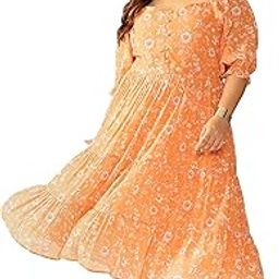 Women's Plus Size Orange Georgette Floral Printed Tiered Dress-image-26