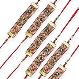 Mens Traditional & Religious Gold Plated Stylish Ganesha Rakhi for Brother Pack of 6 with Roli Kumkum Packets and Happy Rakshabandhan Card-image-27