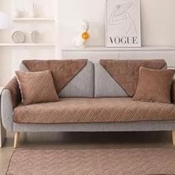 HOMETHREADS European Premium Style Anti Slip 3 Seater Sofa Cover Set | Cotton/Velvet Sofa Slipcover Set of 5pc | 1Pc Front (70x180cm) + 2Pc Back Cover (70x70cm) + 2Pc Armrest (70x50cm) | Brown_L-image-53